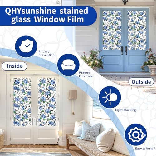 QHY Sunshine Privacy Window Film with Installation Tool Decorative Stained Glass Window Stickers Reusable Window Film (Indigo Frosted, 17.5 x 78.7) - Image 5