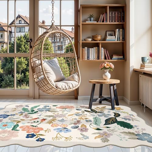 4x6 Living Room Area Rugs: Washable Boho Kitchen Rugs Non Slip Low-Pile Small Bedside Carpet for Bedroom Nursery Water-Resistant Beside Rug Non-Shedding Floor Mat for Kids Pets Family(4x6，Cream) - Image 2
