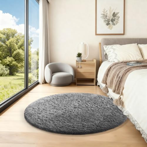 Ophanie Round Rugs 3Ft Grey Circle Area Rug,Christmas Room Decor, Aesthetic Nursery Bedroom Carpet, Fluffy Fuzzy Plush Soft Shaggy Gray Living Room Rugs for Kids Boys Girls Teen Baby Home, Dorm - Image 5