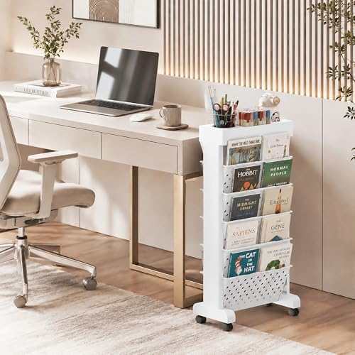 6-Tier Rolling Bookshelf Magazine Rack with Wheels White - Image 2