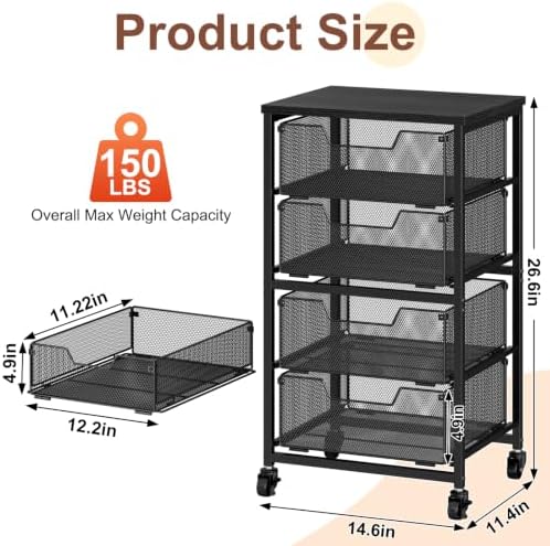 Storage Drawer Cart with Wood Top, 150 LBS Heavy Duty Metal Mesh Drawer Unit, Rolling Organizer with Anti-Drop Tracks for Closet, Bedroom Vanity, Kitchen Pantry, Office, Bathroom - Image 2