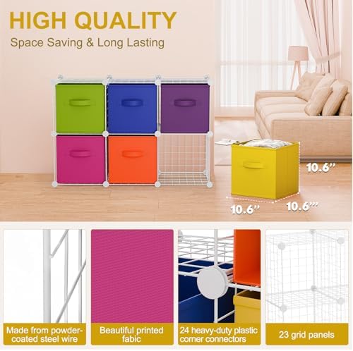 Leinuosen 6 Cube Storage Organizer with 6 Foldable Fabric Storage Bins, Metal Wire Grid Shelves, Stackable Modular Closet Organizer for Bedroom Living Room Office Toys Books(White,Colorful) - Image 2