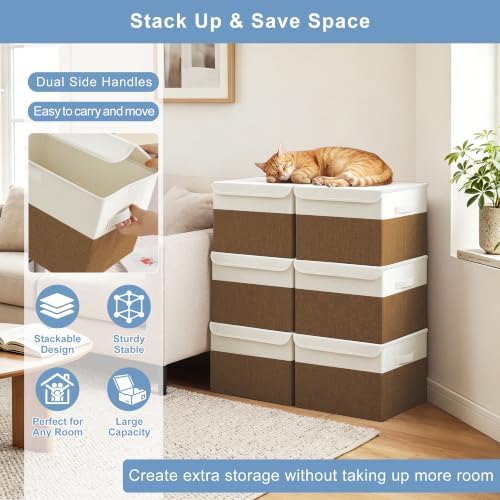 Bagnizer Large 22 Quart Linen Fabric Foldable Storage Bin Cube Organizer Basket with Flip-Top Lid & Handles, Clothes Blanket Box for Home, Office, Closet, Brown & White, 4 Pack 14.6 x 9.5 x 9.5 - Image 5
