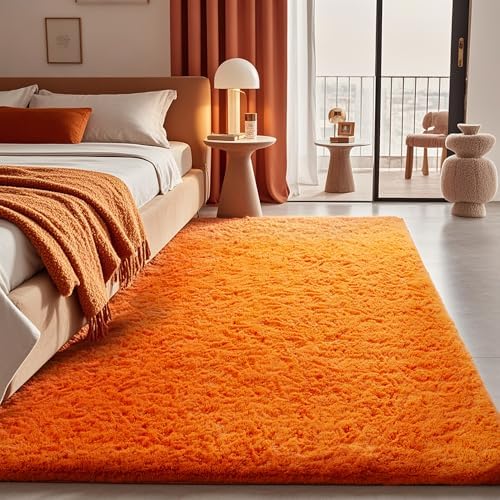 Ophanie Orange Fall Rugs for Bedroom Living Room,Fluffy Fuzzy Furry Carpet,Plush Soft Shaggy Bedside Indoor Floor 4x6 Area Rug for Kids Girls Boys Baby Teen Dorm Decor with Over 99 pcs Pile fibers by Ophanie