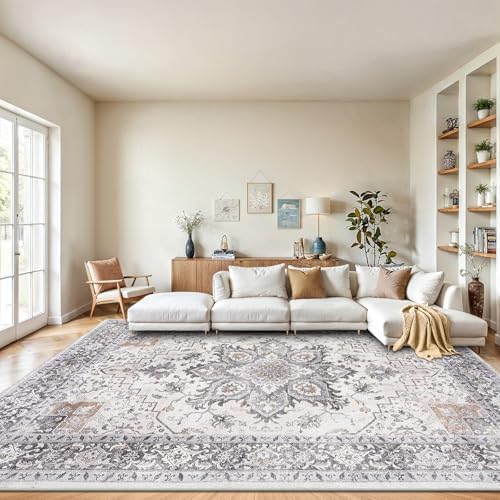 AMADA HOMEFURNISHING 9x12 Washable Area Rug, Low-Profile Large Area Rug with Non-Slip Backing & Durable Edge Binding, Vintage Large Rugs for Living Room, Bedroom & Dinning Room by AMADAHOMEFURNISHING