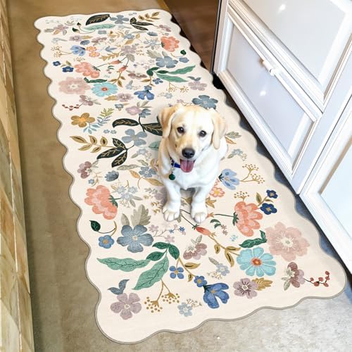 Hallway 2x5 Washable Runner Rug: Stain Resistant Floral Scalloped Rug for Kitchen Entryway Farmhouse Soft Carpet for Bathroom Bedroom Thin Laudry Living Room Floor Mat with Non Slip Backing(2x5,Cream) by HYHAOYUNLAI