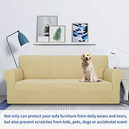 MAXIJIN Super Stretch Couch Cover for 3 Cushion Couch, 1-Piece Universal Sofa Covers Living Room Jacquard Spandex Furniture Protector Dogs Pet Friendly Fitted (Large, Beige) - Image 5