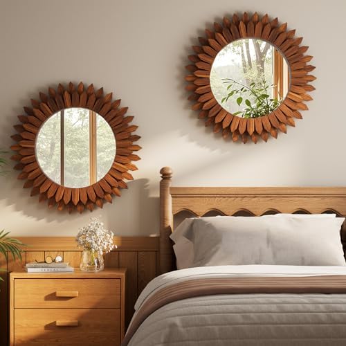 24" Walnut Round Sunburst Wooden Mirror Boho Rustic Wall Decor - Image 6
