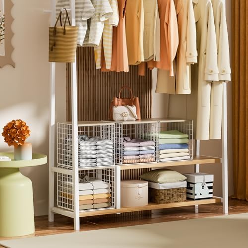 Hencawima 3PCS Stackable Closet Organizers and Storage, Closet Shelves with Wood Top Extra Storage, Clothes Storage Organizer Basket Bin/Cube for Home Wardrobe Organization(White-Sturdy Metal) - Image 7