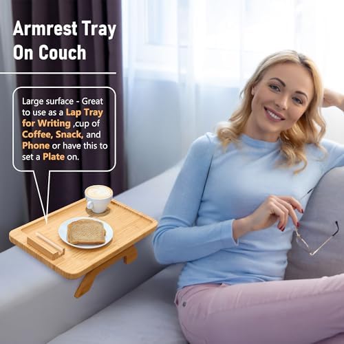 SINWANT Couch Arm Tray,Bamboo Sofa Clip on Side Table,Foldable Couch Armrest Table with 360°Rotating Phone Holder,Anti Slip Food Trays for Eating/Drinks/Snacks/Remotes 15.35" x 9.85" - Image 5