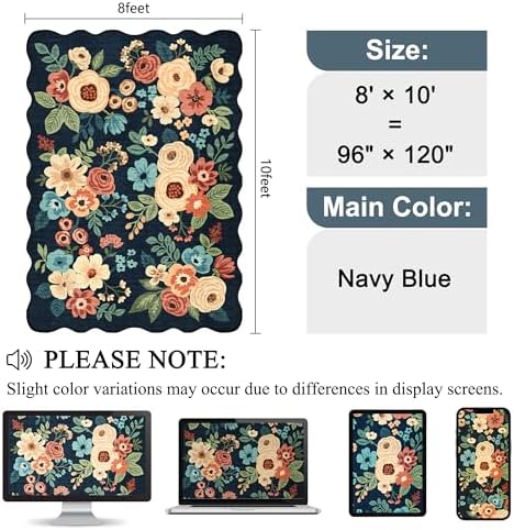 DUKINO 8x10 Area Rug for Living Room, Soft Floral Washable Rug, Navy Blue - Image 2