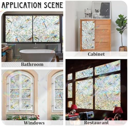 GORGECRAFT 39.4x16.9 Inch Bird on Branch Rainbow Window Privacy Film Green Leaves Plant Static Glass Decals 3D Non-Adhesive Sun Blocking Glass Sticker Prism Stained Window Clings for Room Home - Image 4