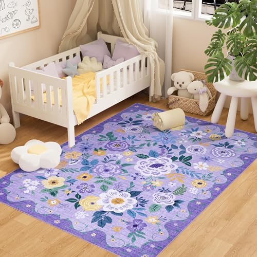DUKINO 3x5 Area Rug, Floral Washable Rug for Bedroom Non Slip, Purple by DUKINO