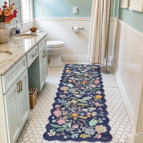 2x6 Hallway Floral Rug Runner: Washable Non Slip Low Pile Area Rug for Kitchen Front Door Soft Water Resistant Carpet for Bathroom Light Weight Durable Floor Mat for Bedroom Nursery(2x6/Blue/Purple) - Image 2