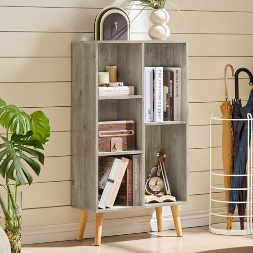LEYAOYAO 5 Cube Bookshelf, Mid-Century Modern Book Shelf with Legs, Grey - Image 3