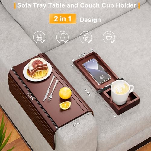 Bestjing 2 Pack Couch Armrest Table with Cup Holder Tray (Walnut) - Image 3
