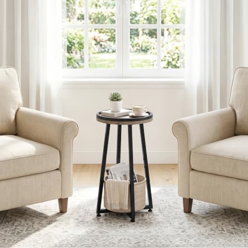 HOOBRO Small Round Side Table, 2-Tier Round Sofa End Table, Compact Nightstand with Cotton Linen Storage Basket, for Small Space, Living Room, Bedroom, Dorm, Greige BG183BZ01 - Image 4