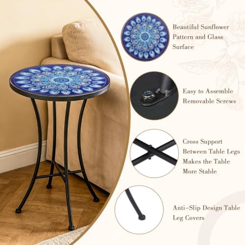 MUMTOP Mosaic Outdoor Side Table, 14" Small Round Patio Accent Table,Blue - Image 5