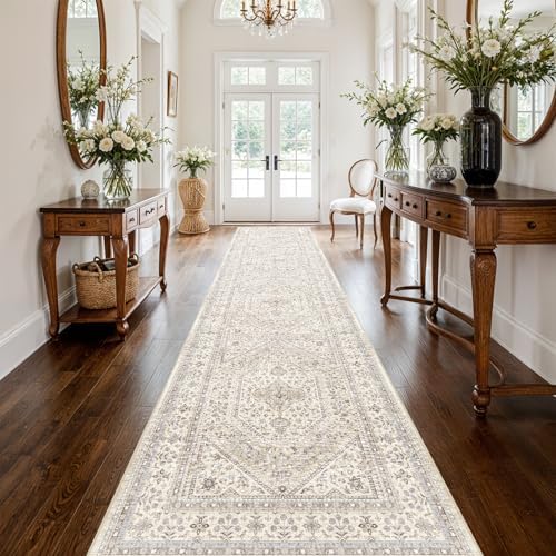 3x16 Washable Hallway Runner Rug - Non-Slip Vintage Kitchen Rugs Beige Gray - Image 3