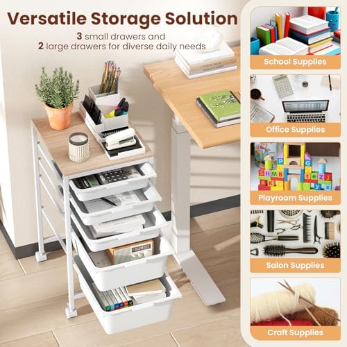 Giantex Rolling Storage Cart with 5 Drawers, Utility Cart w/Wooden Tabletop, Lockable Wheels, Multipurpose Organizer for Art Craft Books Paper, Drawer Carts for Dorm Classroom Office, White - Image 6