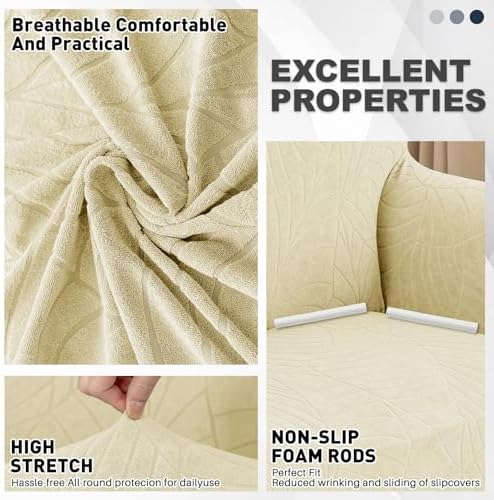 YEMYHOM Couch Cover Latest Jacquard Design High Stretch Sofa Covers for 3 Cushion Couch, Pet Dog Cat Proof Slipcover Non Slip Magic Elastic Furniture Protector (Large, Begonia Leaf Beige) - Image 3
