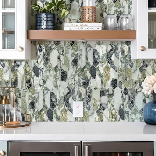 Vamos Tile Glossy Ice Green Backsplash Tile Peel and Stick, 12.8 x 12.8 Inch 10 Sheets Long Hexagon PVC Self Adhesive Mosaic Wall Tiles Stick on Backsplash for Kitchen Bathroom and Fireplace - Image 5