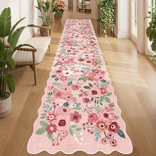 DUKINO 2.6x12 Washable Runner Rug, Floral Non Slip Long Kitchen Rug, Pink - Image 7