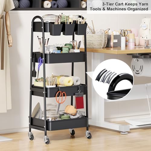 Black 4 Tier Rolling Cart Metal with Lockable Wheels, Four Tiered,38in Tall - Image 4