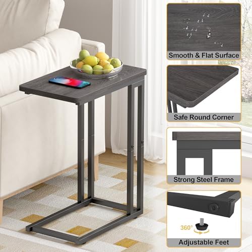 Yusong C Shaped End Table - Slide Under Sofa Couch Bed, Small Table for Small Spaces, Skinny Overbed, Coffee Drink Snack Table for Living Room, Grey Oak - Image 5