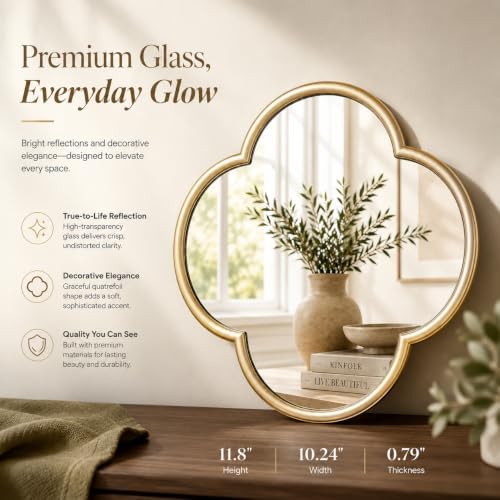 2 Pack Clover Wall Mirrors, Real Glass Decorative Mirrors with Metal Frame, 12" Small Four Leaf Clover Shaped Mirror for Wall Decor, HD Clarity Vanity Mirror Tiles for Bedroom, Living Room - Image 3