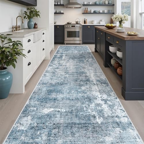 Soalmost Abstract Runner Rug 3x10 Hallway Kitchen Rugs Non-Slip, Blue/Grey - Image 2