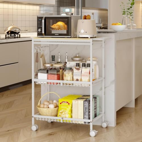 Microwave Kitchen Cart, White Kitchen Shelf with Push Handle, 3 Tier Rolling Microwave Table Stand with 2 Lockable Wheels for Bakers Rack, Kitchen Island, Small Coffee Station by Unknown