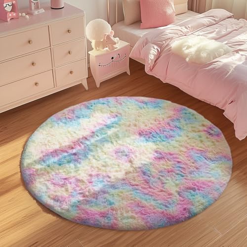Ophanie Round Rugs 4Ft Rainbow Circle Area Rug, Colorful Unicorn Bedroom Dorm Decor for Teen Girls, Cute Fluffy Fuzzy Plush Soft Shaggy Living Room Carpet for Kids Baby Home Aesthetic Nursery Playroom - Image 3