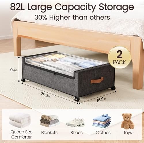 Yecaye 82L Under Bed Storage Containers, Fits 9.4" Under Bed, 2 Pack, Grey - Image 2