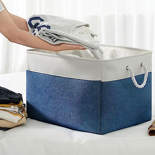 TheWarmHome Organization and Storage Basket for Shelves - Jumbo 3 Pack 20x16x14 inch Collapsible Storage Bins for Organizing, Canves Storage Cubes for Gift Organizer Toys Closet (White & Jean Blue) - Image 4
