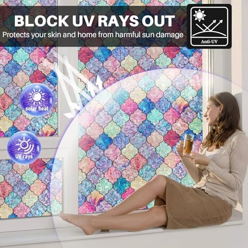 Stained Glass Window Film, Rainbow Decorative Window Privacy Film with No-Glue, Static Cling Glass Covering Window Tint Sticker for Home Decor & Heat Blocking, 17.3 x 157.4 Inches - Image 4