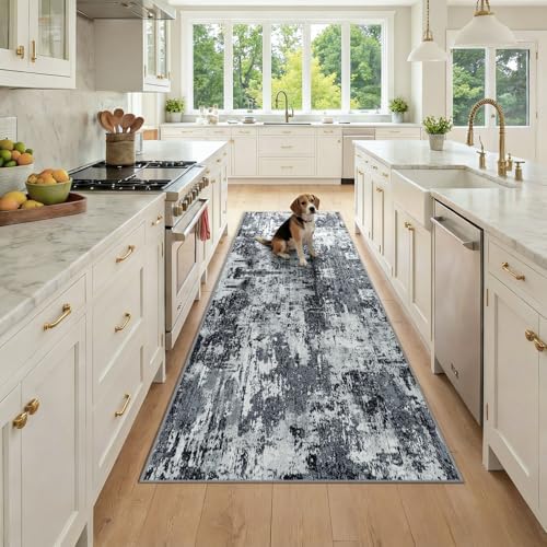 RELEANY Washable Runner 3'x8' Abstract Area Rug for Hallway Black White by RELEANY