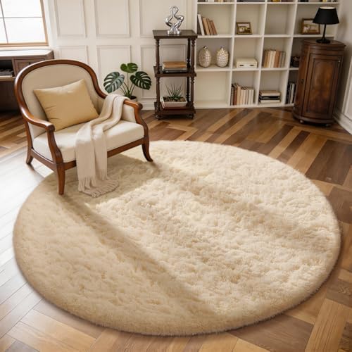 Ophanie Round Rug 4Ft Beige Circle Area Rug, Fluffy Fuzzy Small Bedroom Carpet, Plush Soft Shaggy Floor Living Room Circular Decor for Kids Boys Girls Home Aesthetic, Nursery with 99 pcs Pile fibers by Ophanie