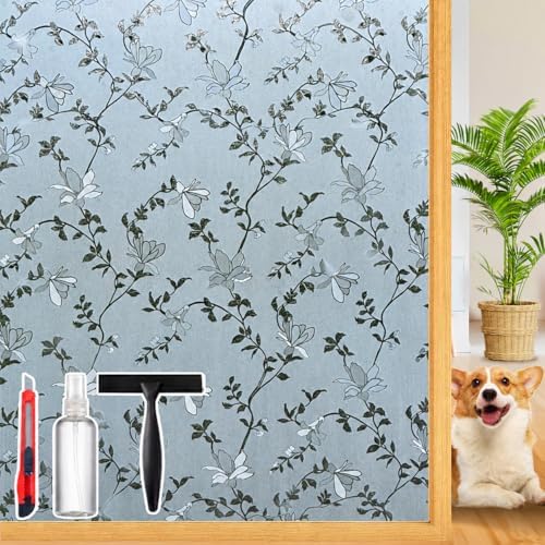 Frosted Glass Window Film with Elegant Flower Design, Bathroom Window Privacy Film for Glass Windows Cover, Static Cling, Removable, Reusable, Anti-UV, Anti-Glare, 35.4 Inch * 157.4 Inch by Dwersty