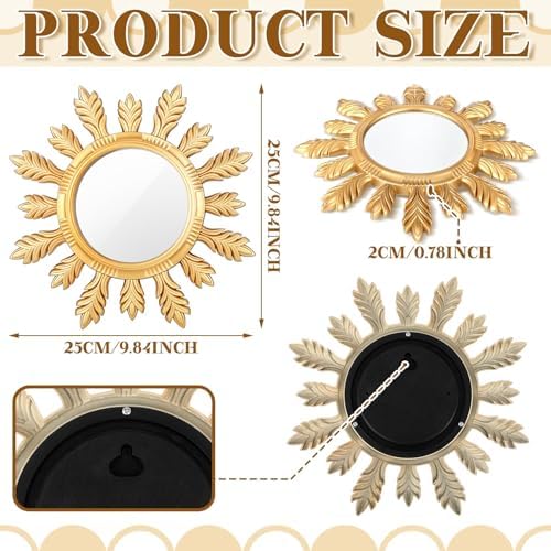 Dandat 4 Sets Round Wall Mirrors Boho Decorative Hanging Art, Gold - Image 3