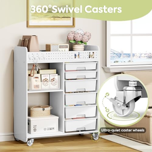 Rolling Craft Cart with 6 Drawers, Pegboard and Locking Wheels White - Image 6