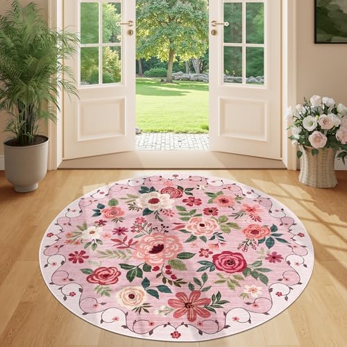 DUKINO 4ft Round Rug, Floral Washable Small Round Area Rug Non Slip, Pink - Image 5