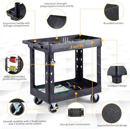 ELAFROS 2-Tier Heavy Duty Rolling Cart, 34 x 17 in, 2 Fixed 2 Swivel, Black - Image 4