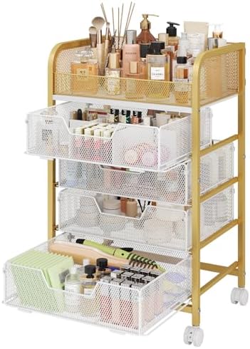 Hongtamoya Makeup Cart Organizer with 4 Drawers, Large Floor Skincare Organizers, Vanity Storage Organizer Cosmetics Display Cases for Skin Care Perfume Nail Polish, Gold by Hongtamoya