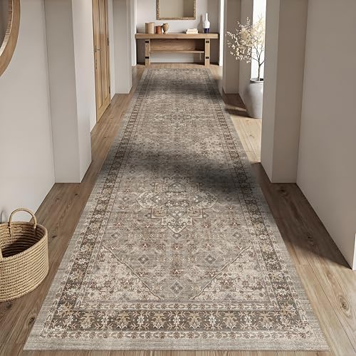 3x10 Washable Hallway Runner Rug, Vintage Non-Slip Low Pile Rugs Brown by Winslssol