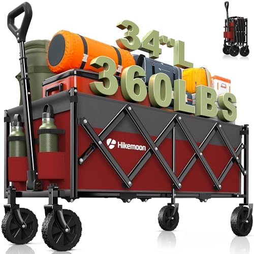 HIKEMOON 34'' Extra Long Folding Portable Wagon, 120L 360LBS Red & Grey by Unknown