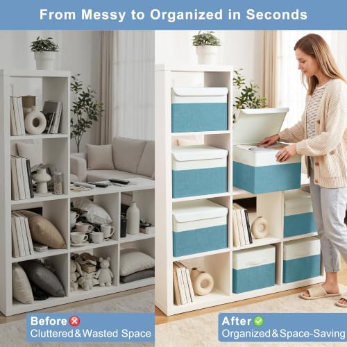 Bagnizer Large 22 Quart Linen Fabric Foldable Storage Bin Cube Organizer Basket with Flip-Top Lid & Handles, Clothes Blanket Box for Home, Office, Closet, Teal & White, 4 Pack 14.6 x 9.5 x 9.5 - Image 2