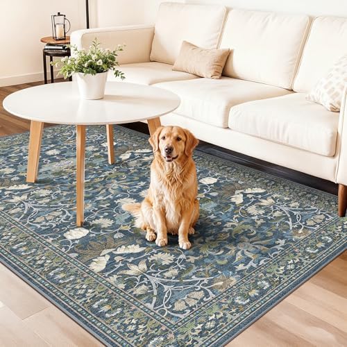 4x8 Washable Kitchen Area Rug: Farmhouse Stain-Resistant Elegant Floral Rug for Living Room Bedroom Wide Soft Carpet for Entryway Bathroom Thin Hallway Floor Mat with Non Slip Backing(4x8,Floral/Blue) - Image 2