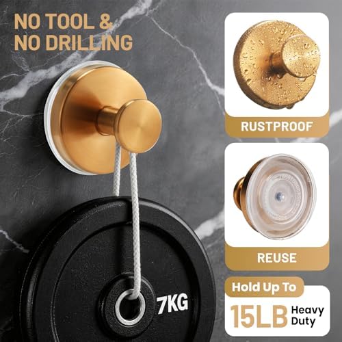 Suction Cup Hooks for Shower No-Drill Bathroom Hooks for Towels, Robes, Loofah Mountable on Bathroom Walls, Kitchen, Glass, Mirrors, Tile and Smooth,Non-Porous Surfaces (2, Champagne Bronze) - Image 2
