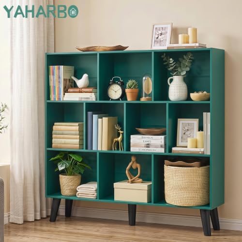 YAHARBO 10 Cube Bookshelf,3 Tier Bookcase with Legs,Dark Green Mid-Century Modern Bookshelves,Large Free Standing Open Storage Organizer Shelf,Tall Wooden Book Case Furniture for Bedroom,Living Room - Image 3